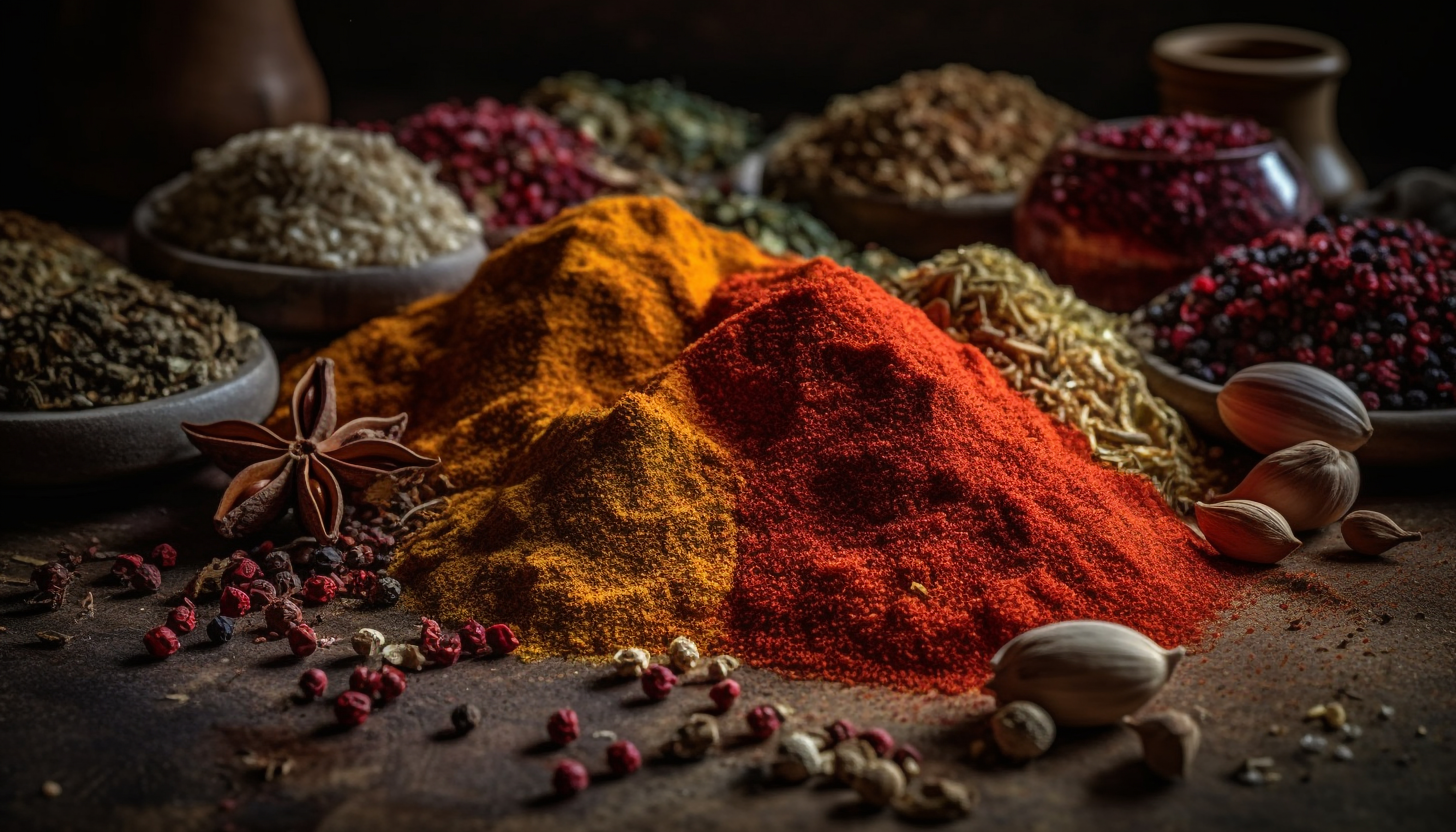 Colorful Asian spices including red chili powder, turmeric, and various whole spices